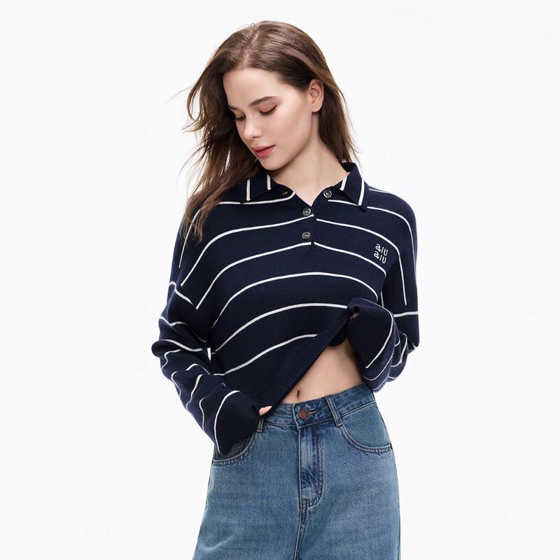 SheTu Women's Polo Collar Striped Knit Pullover