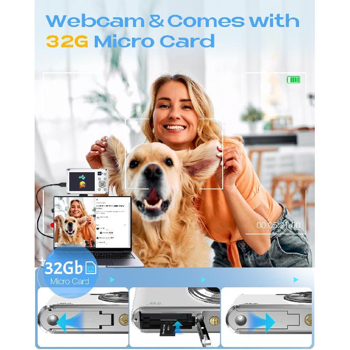 Digital Camera, UHD 4K Digital Camera with Front and Rear Camera, Autofocus 48MP 16X Digital Zoom Vlogging Camera with 32GB Card, 2.8 Inch Screen