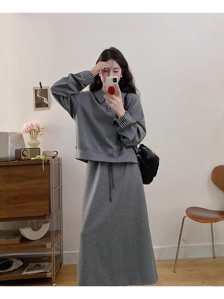Autumn 2025 Plus Size Women's Patchwork Sweatshirt & High Waist Midi Skirt Set
