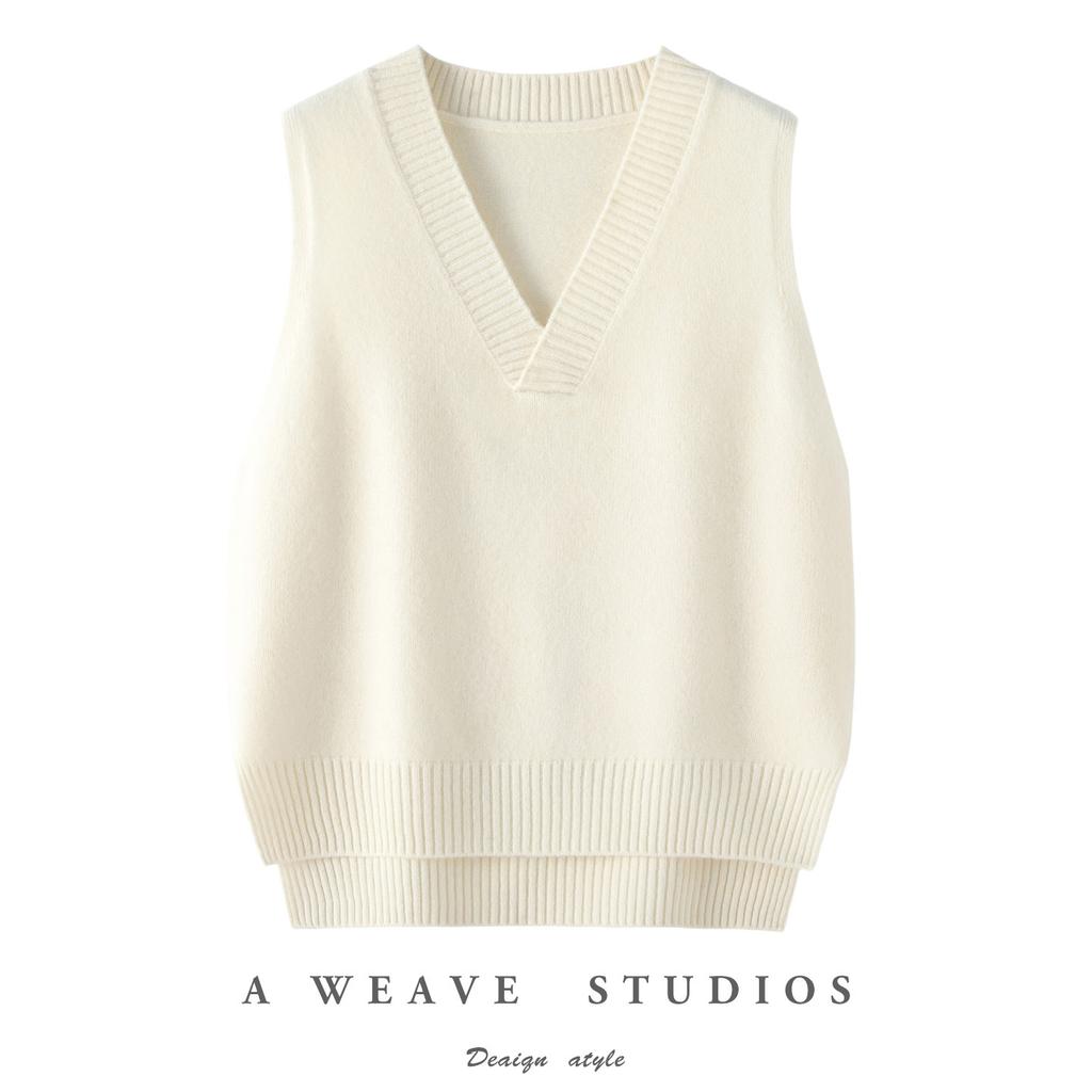 Spring, autumn and winter ins simple V-neck retro pure wool vest knitted women's pullover loose and thin sleeveless vest top