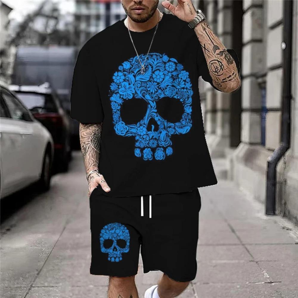 Summer New Casual Men's Skull Print T-Shirt Set Fashion Streetwear Tees Loose Oversized Breathable Soft Short Sleeves And Shorts