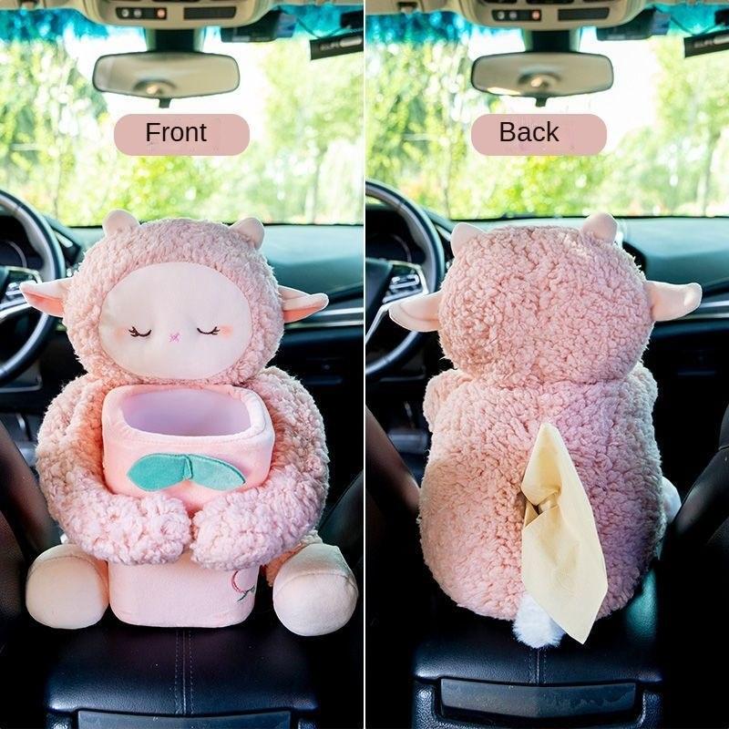 2 In1 Cute Cartoon Car Tissue Box With Ashcan Creative Plush Tissue Box Holder Auto Armrest Box Car Garbage Can for car interior