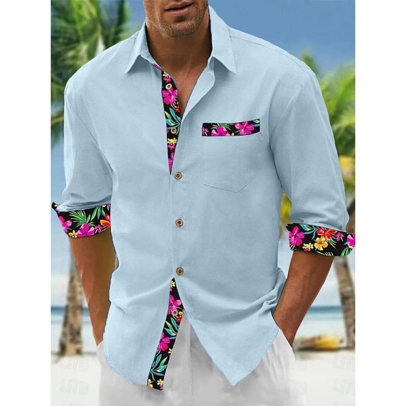 Men Solid Black Shirt Tropical Floral Splicing Long Sleeve Lapel Button Down Beach Shirt Chest Pocket S синий