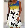 Summer Round Neck Sleeveless Loose Fitting Pullover Butterfly Print Fashionable Casual Women's Dress