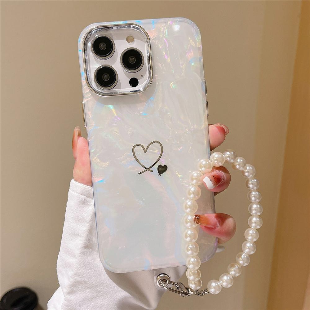 

Cute Love Heart Jewelry Pearl Chain Wrist Strap Dreamy Shell Case For iPhone 16 15 13 12 14 Pro Max Laser Glitter Marble Cover For iPhone 11 Pro&Case & Strap