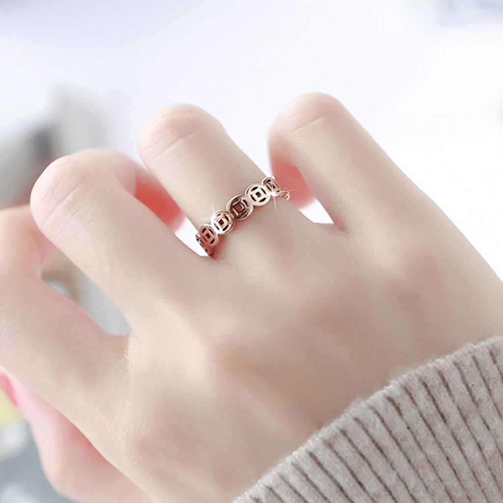Fashion Rose Gold Color Cute Coin Tail Rings for Woman Hollow Stainless Steel Charm Jewelry Chinese Style Prevent Girl Gifts