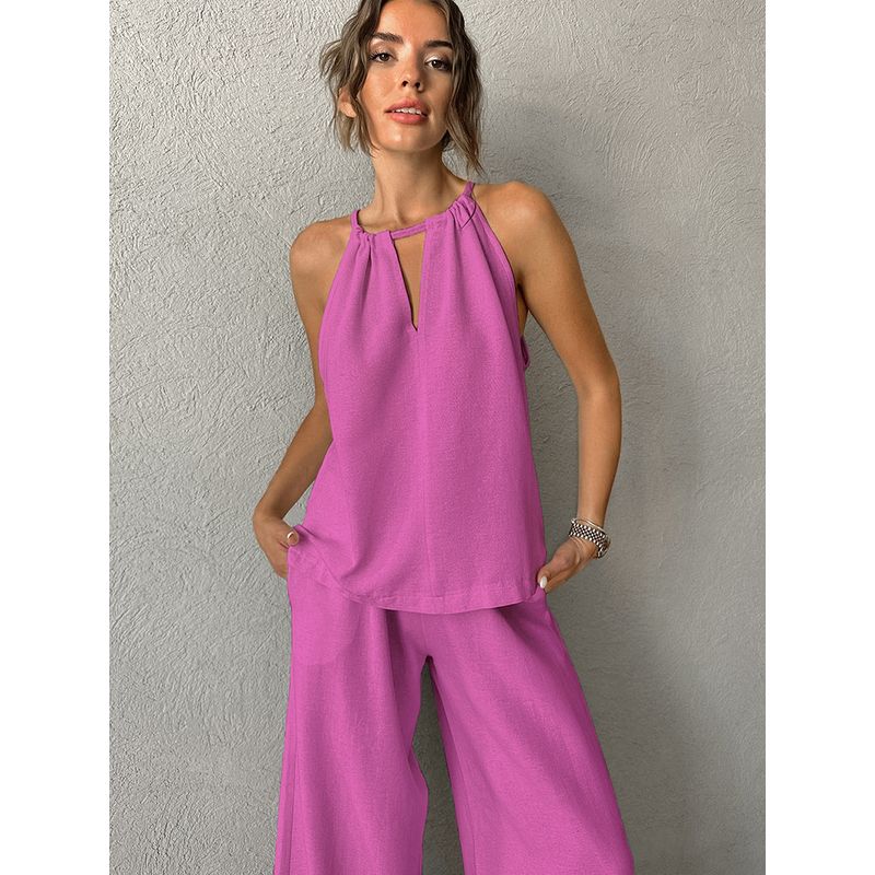 European and American Women Set Lace-up Top Loose Trousers Cotton Linen 2025 Summer Casual