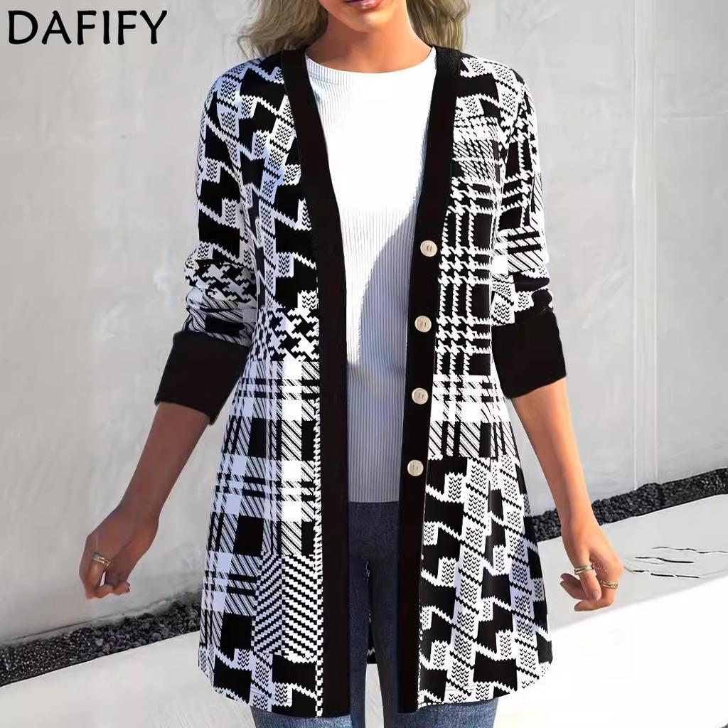 DAFIFY Women's Fashion Casual Solid Color Print Autumn Winter Long Sleeve V-Neck Jackets & Coats