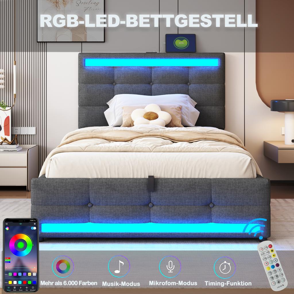 Polsterbett 90*200 Hydraulischer Stauraum Kinderbett mit USB und Farbwechsel-LED-Streifen, Graues Leinen Einzelbett