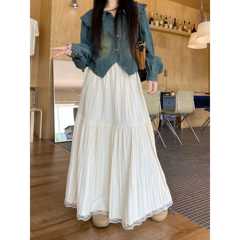 

Kumikumi New Lace Patchwork Pleat Cake Skirt Skirt Women clothes Autumn Elegant All-Match Slimming Long dress Milk apricot L