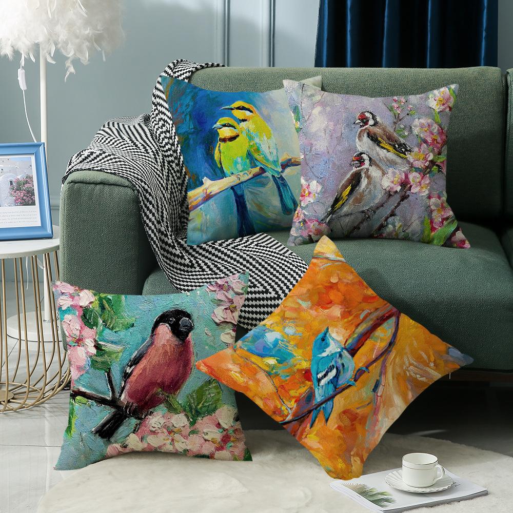 Linen Pillowcase Spring Watercolor Oil Painting Bird Pillowcase Home Living Room Cushion Cover
