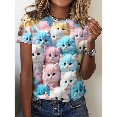 Viele T-Shirts mit Katzenaufdruck und Rundhalsausschnitt, lässiges Kurzarm-Oberteil mit Rundhalsausschnitt für Frühling und Sommer, Damenbekleidung