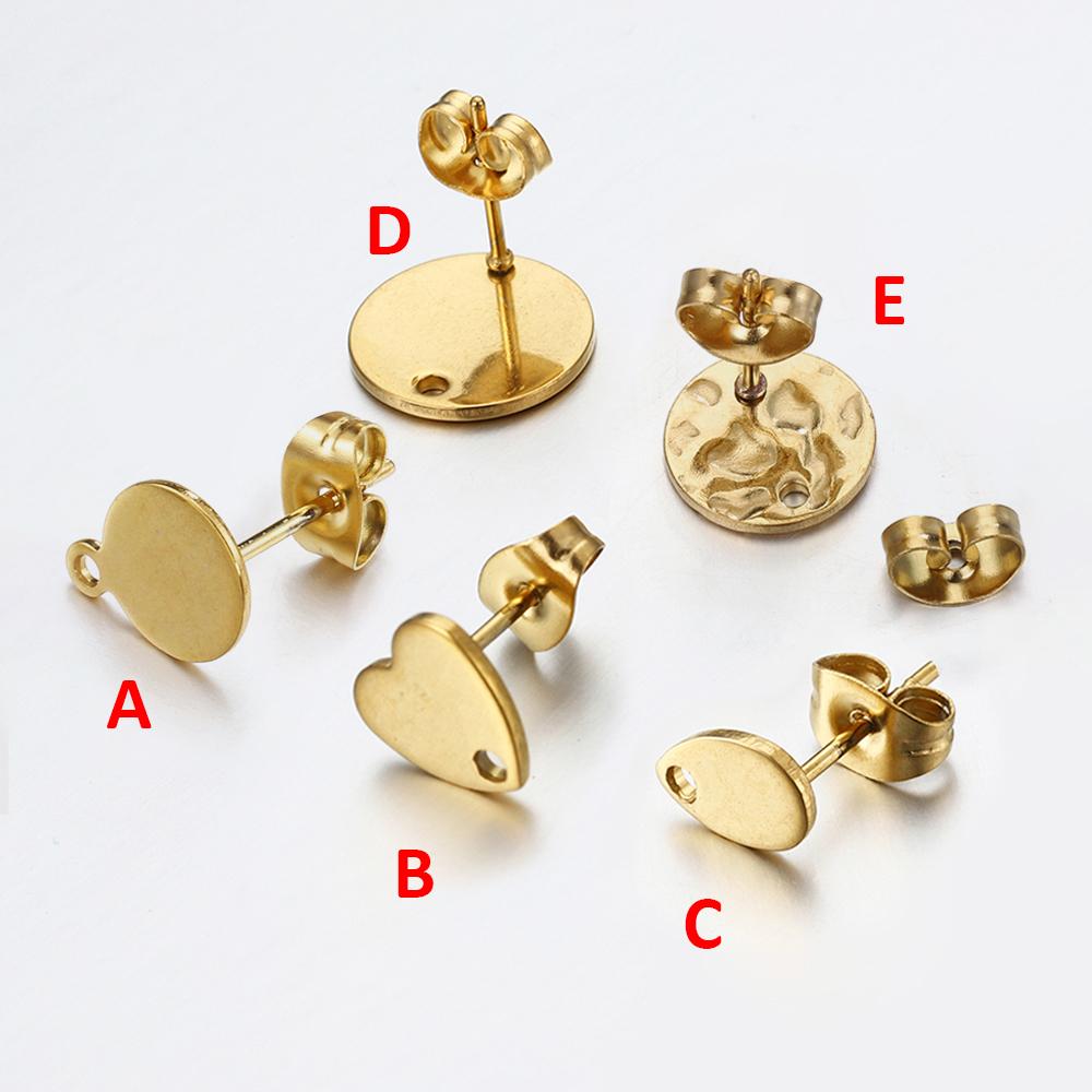 10pcs Stainless Steel Round Ear Studs for Earrings Base Jewelry Making DIY Gold Color Dangle Hole Charm Pendants Components