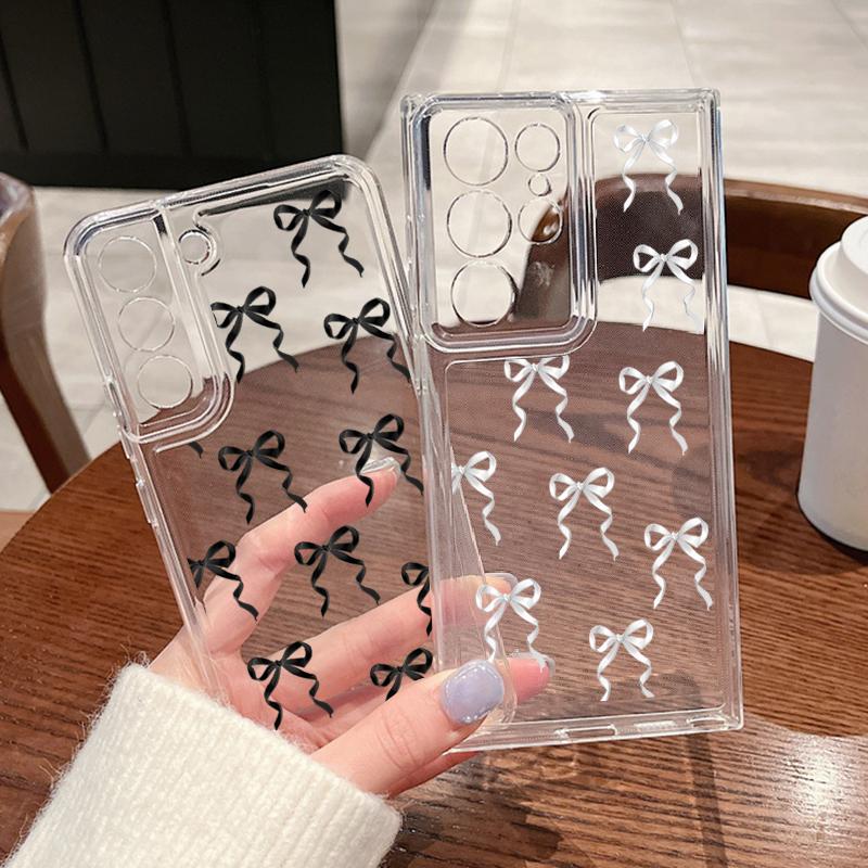 Cute Pink Bow Soft Case For Samsung Galaxy S25 S24 S23 S22 Ultra Plus S24 FE A15 A14 A55 A54 A36 A26 A16 A52 A35 5G Clear Cover