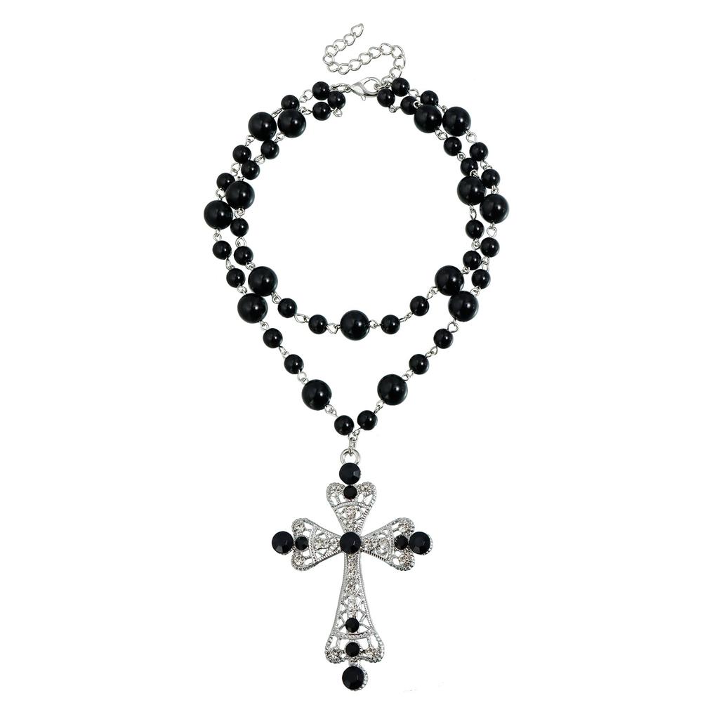 Dark Less Inlaid Pearl Necklace Ins Spice Girl Exaggerated Wind Cross Necklace