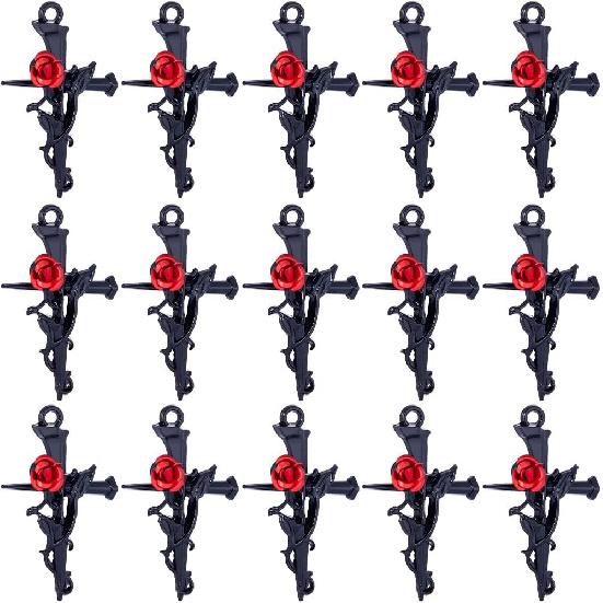SUNNYCLUE 1 Box 30Pcs Rose Cross Charm Gothic Style Black Crosses Red Rose Flower Beads Easter Cross Charm Thistles Thorns Fancy Crucifix Charms for