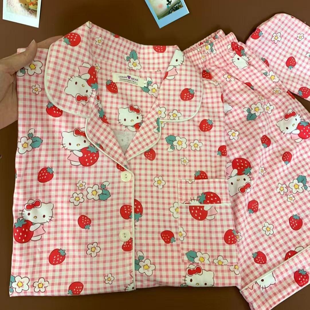 

Japanese sweet pink plaid strawberry cat pajamas women s summer cardigan short-sleeved shorts set can be worn outside loungewear S
