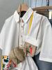 Women's Japanese Style Floral Embroidered Short-Sleeve Shirt: Cute, Loose, and Soft for Summer.