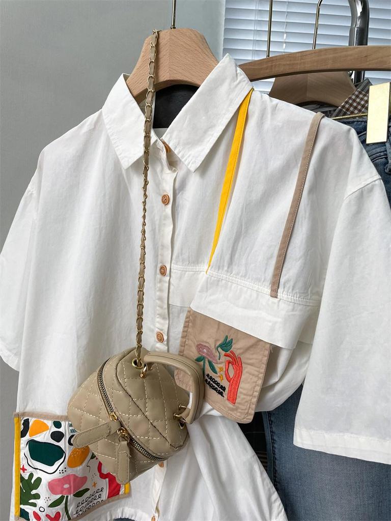 Women's Japanese Style Floral Embroidered Short-Sleeve Shirt: Cute, Loose, and Soft for Summer.