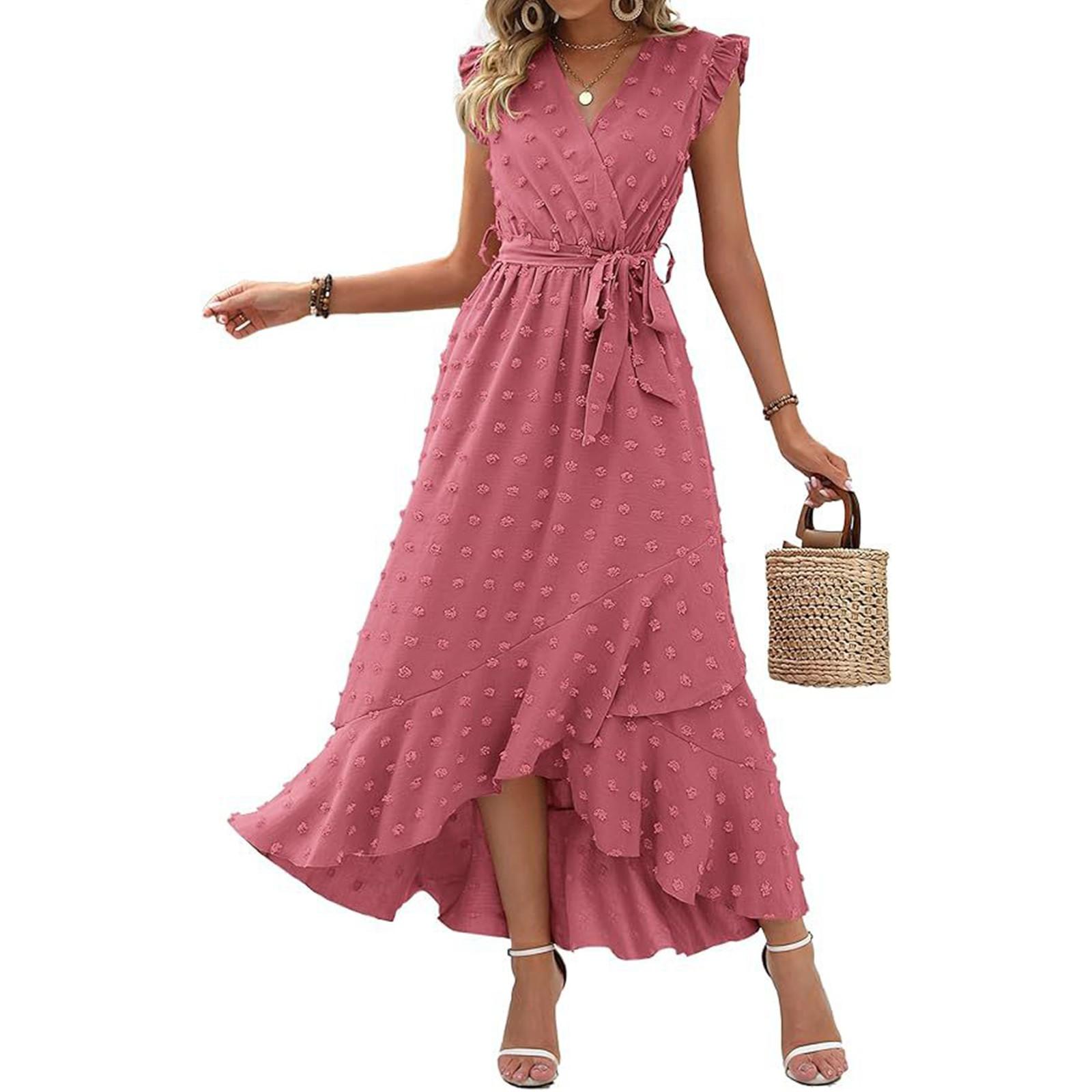 

Женские летние модные платья с оборками на рукавах, однотонные, в горошек, в стиле бохо L розовый