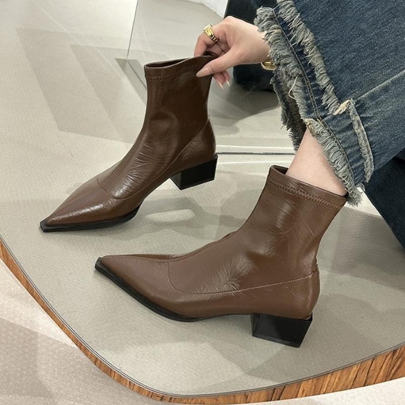 

Fashion Ankle Boots for Women Pointed Toe Heeled Shoes 2025 Trend New Fashion Winter Chelsea Boots Sexy Party Pumps Woman Zapatos Mujer 35 коричневый