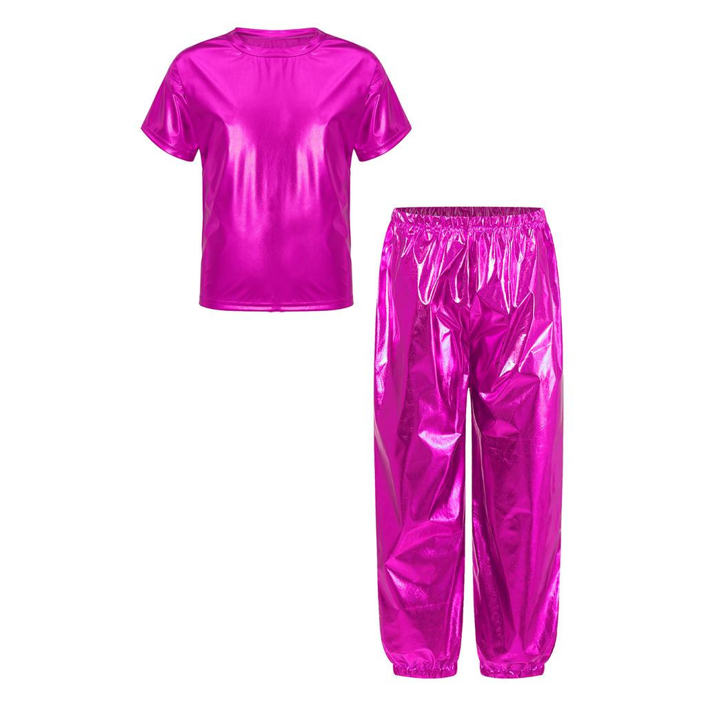 Unisex Kids Dance Costume Short Sleeve Round Neck Metallic Shiny T Shirt Performance Pants Set
