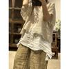 Johnature Women Vintage Linen Summer Shirts Solid Color Belt Chinese Style Tops V-Neck Short Sleeve Blouses Loose Shirt