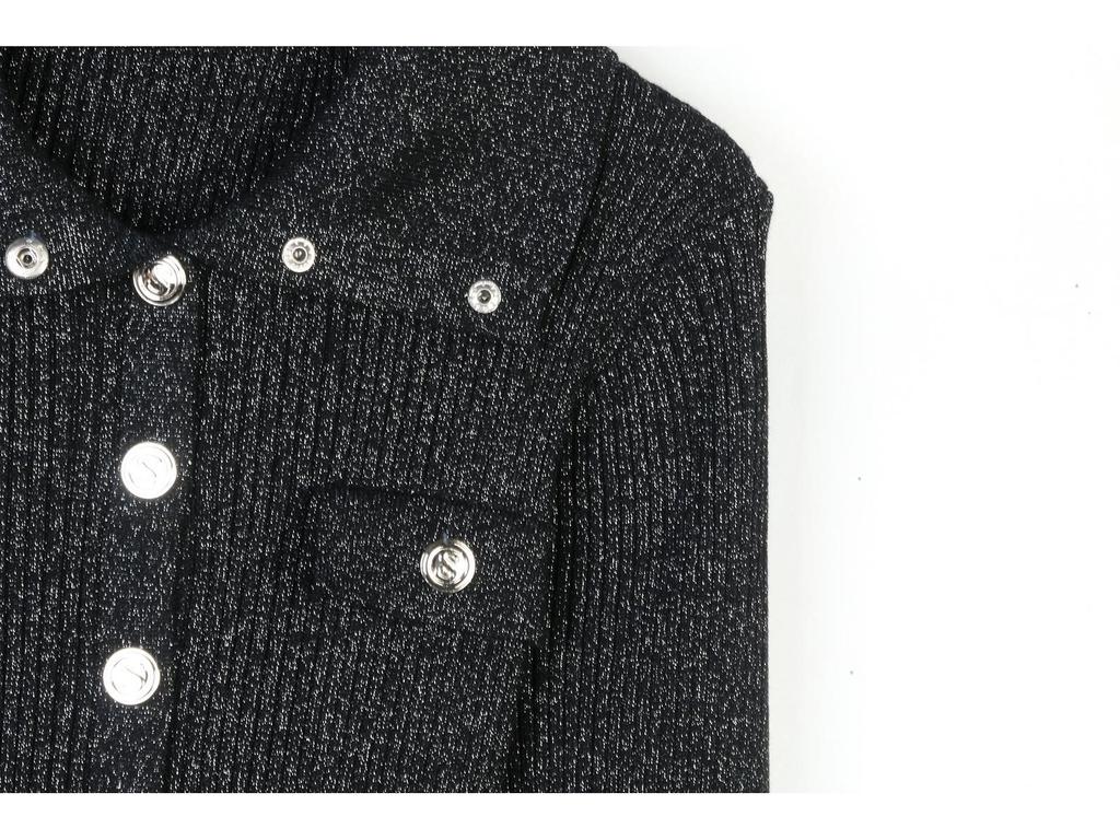 Women's French Polo Collar Knitted Dress with Gold Thread and Metal Cufflinks for Autumn/Winter Slim Fit