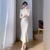 Vintage Red Improved Cheongsam Knitted Dress Muse Fan Elegant Temperament Meat Cover Sweater Bottom Long Dress Large Size