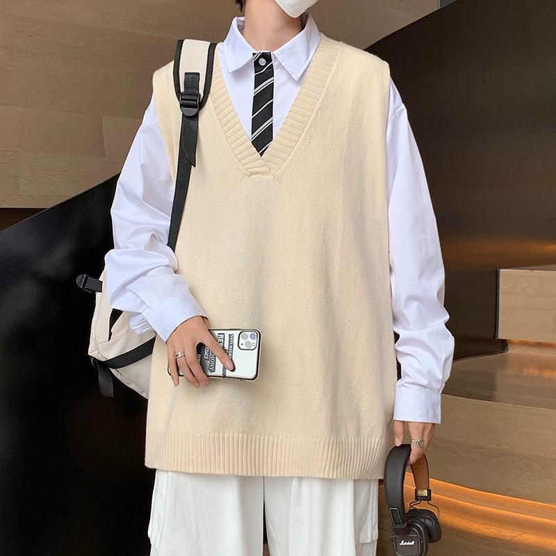 DK Unisex V-Neck Knit Sweater Vest - Hong Kong Street Style, Spring/Autumn, Sleeveless, Loose Fit, Korean Influence