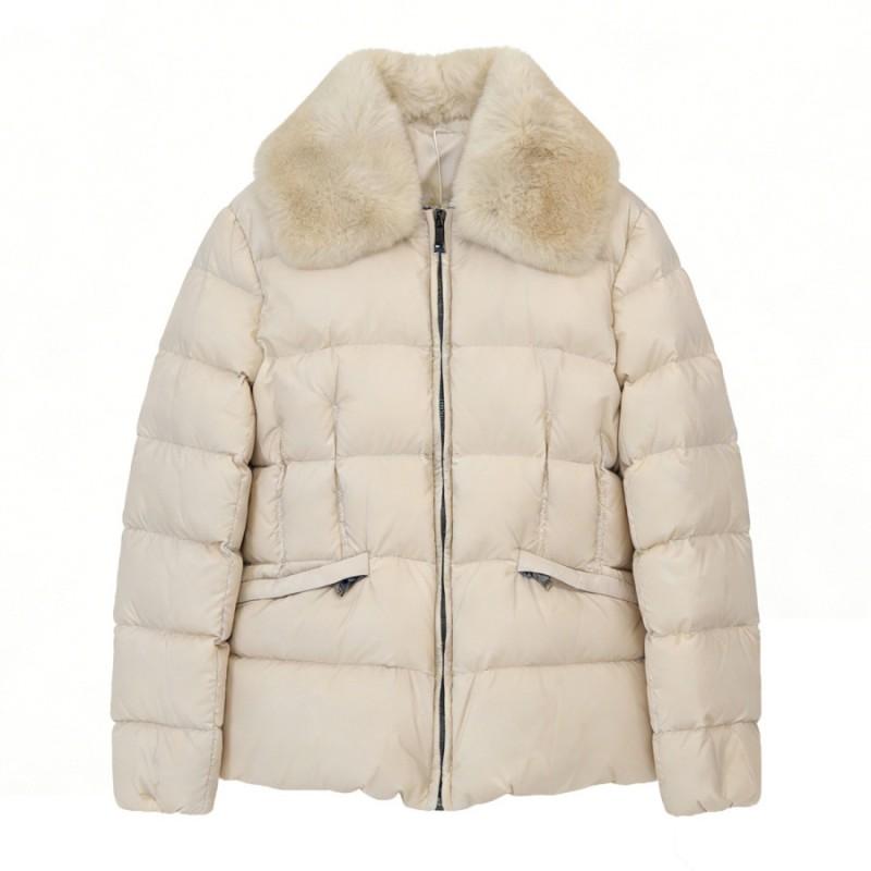 Womens Short Down Jacket With Rabbit Fur Collar Slim Fit Winter Warm Puffer Coat Casual Office Style