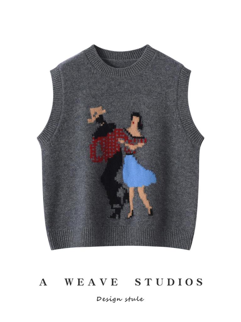 Retro Abstract Little People Knit Denim Sleeveless Vest Top