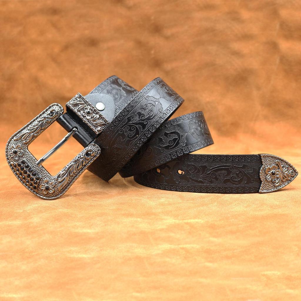 Amerikaanse Retro Embossed Koeienhuid Riem - Handgemaakt, Veelzijdig, Trendy Gesp met Pin voor Mannen