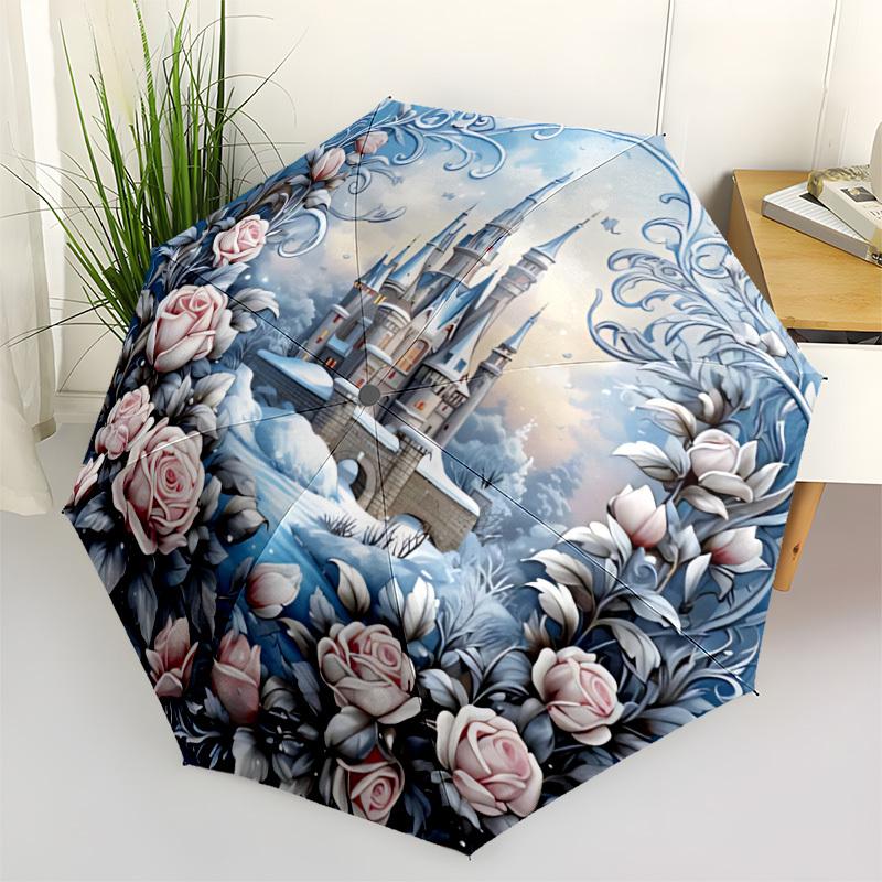 1pc Castle Roses Automatic Folding Umbrella, Sturdy And Durable Automatic Folding Umbrella with 8 Ribs, Convenient for Outdoor Use122
