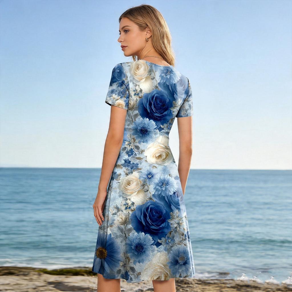 Women’s Short Sleeve V Neck Floral Print Midi Dress Lightweight A Line Summer Dress for Casual Office Daily Wear