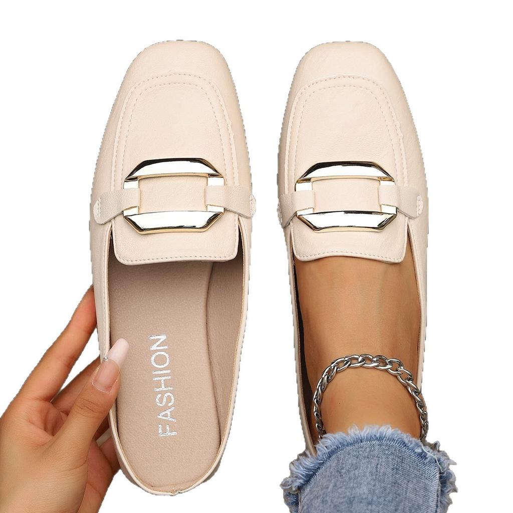 Foreign Trade Half Slippers Women's Summer Outer Wear 2025 Summer New Lazy Bag Head Metal Flat Single Shoes Casual Sandals