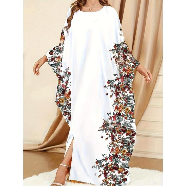 Ramadan Elegant Floral Print Maxi Dress Batwing Sleeve Split Women Kaftan Clothing