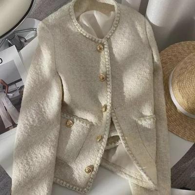 2024 Frühling/Herbst Off-White Korean Style Kurze Tweedjacke für Damen
