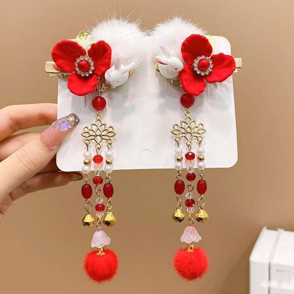 2pcs Tassel Wig Braid Hairpin Hanfu Headdress Red Bow Hairpin Cute Children Hair Clips