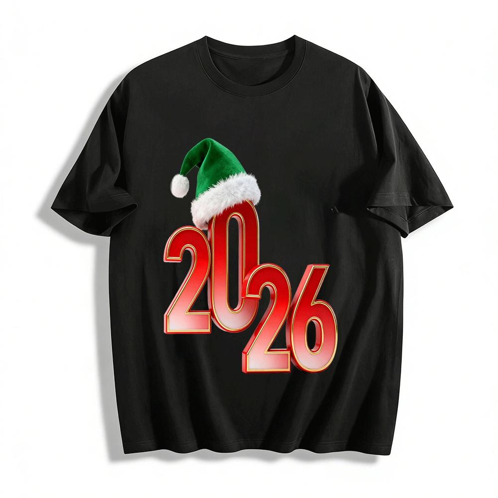 2026 Christmas New Year Print Casual Festival Vibe Top Pure cotton T-shirt XXS