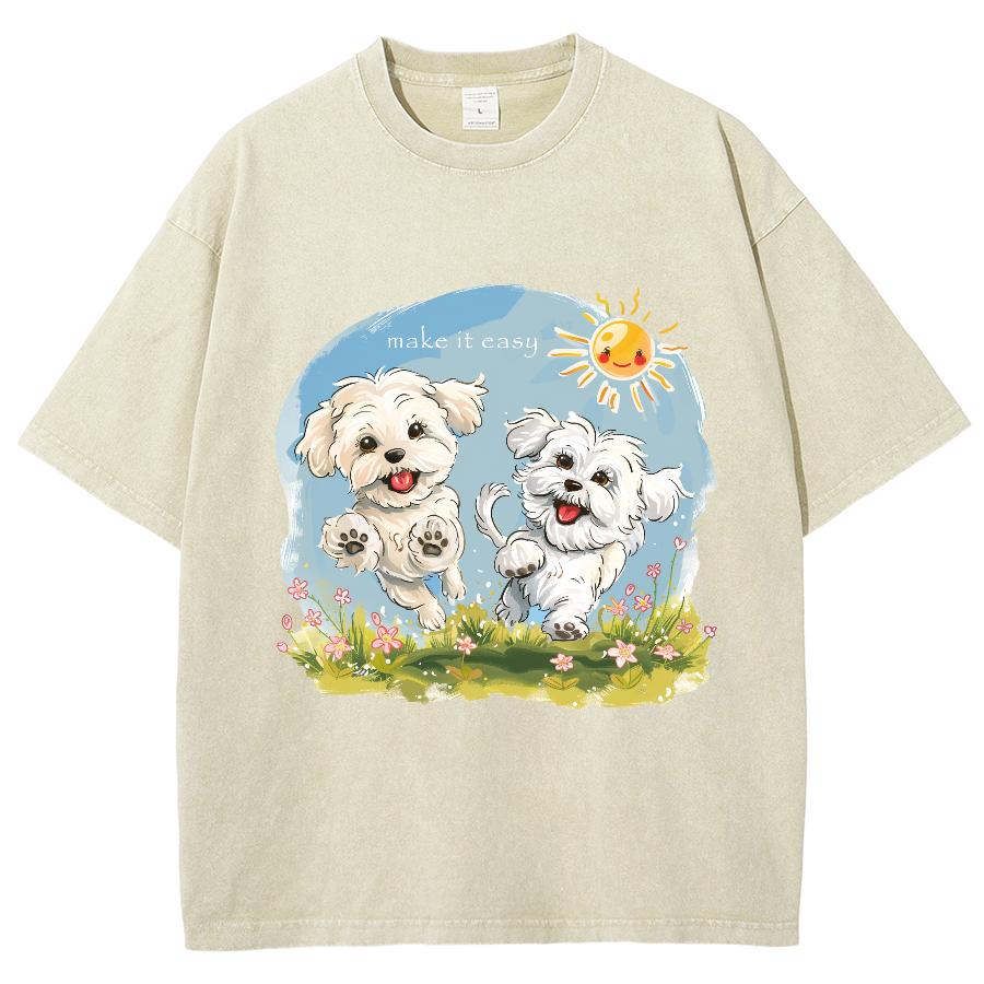 Cartoon Cute Puppy Print Summer Women's T-Shirt Y2K Oversized Neck Short Sleeve Washed Unisex Casual Top