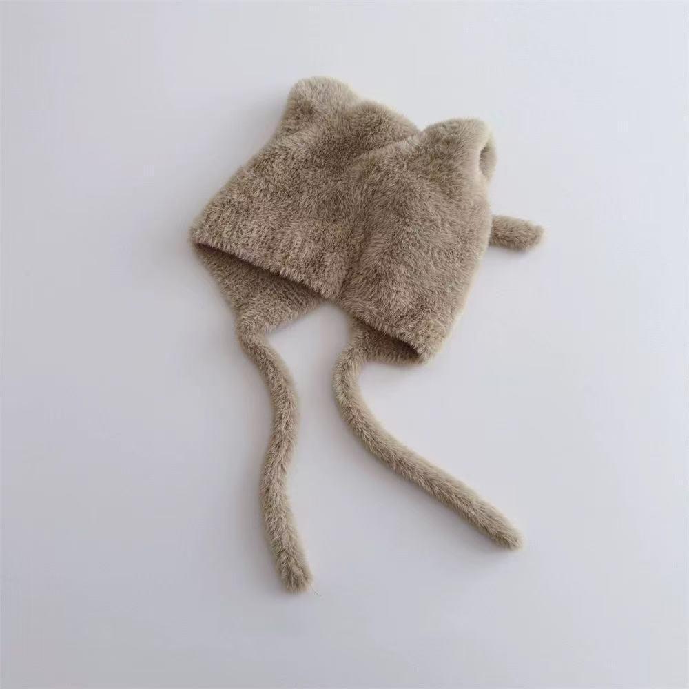 Children's Cute Kitten Ear Muffs Hat - Plush, Knitted, Windproof, and Warm Solid Color Headwear
