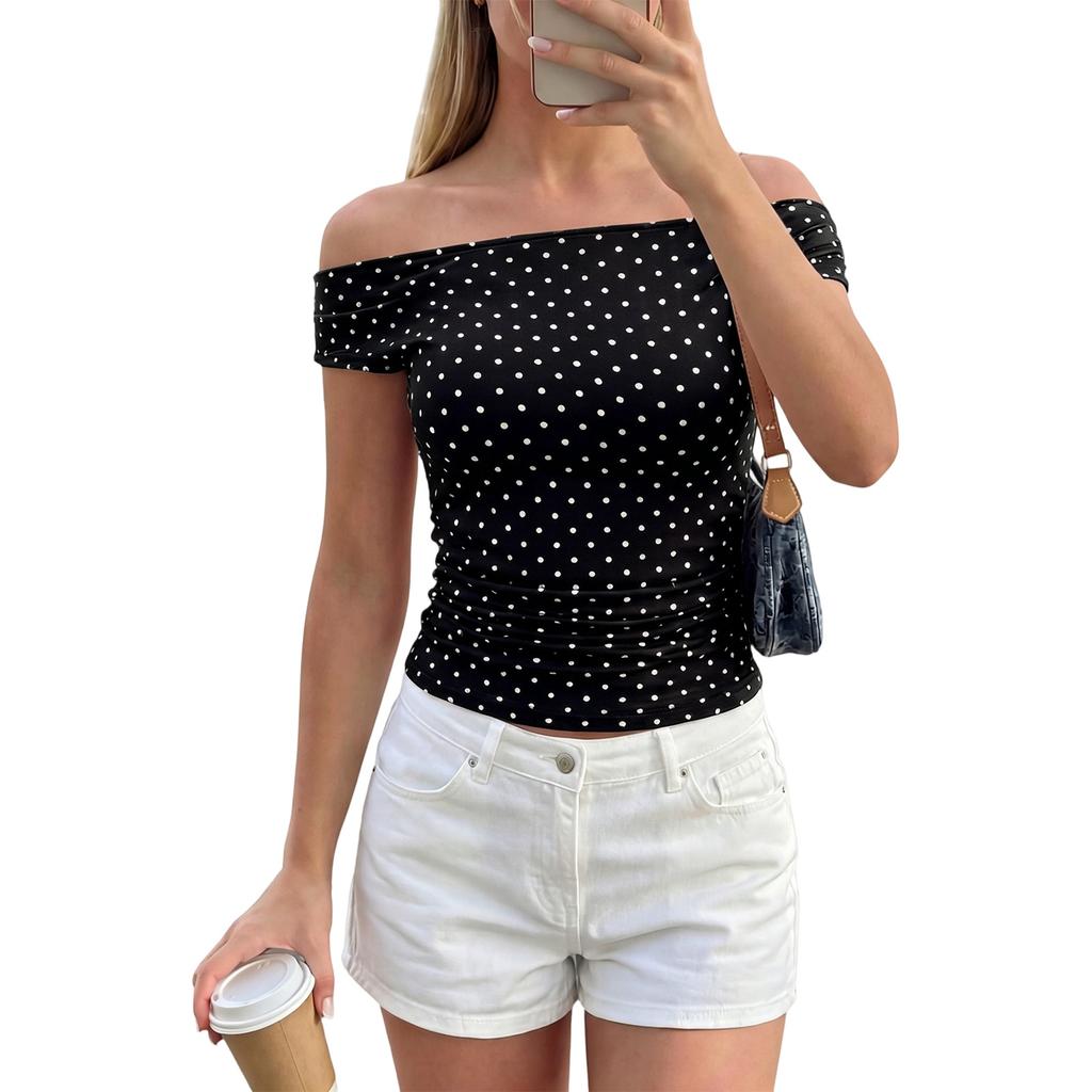 Women’s Off Shoulder Polka Dot Slim Fit Top Casual Short Sleeve Stretchy Blouse for Summer Fashion and Everyday Wear