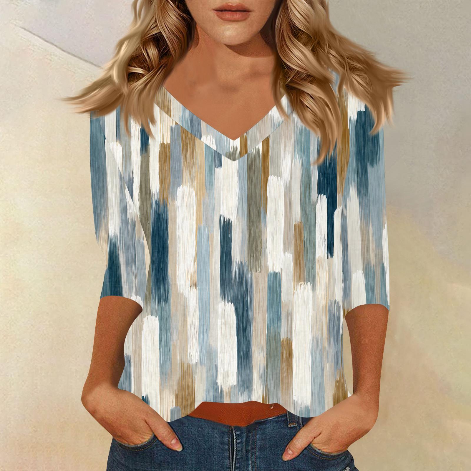 

Жіноча футболка з принтом з рукавом 3/4, щоденна мода на вихідні, базовий V-подібний виріз, звичайний топ L