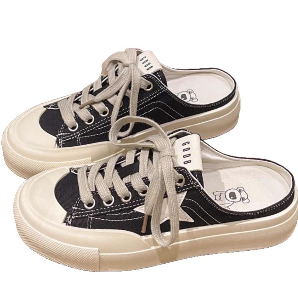 Baotou half slippers women's 2025 new spring outer wear casual canvas shoes without heel versatile lazy platform ins