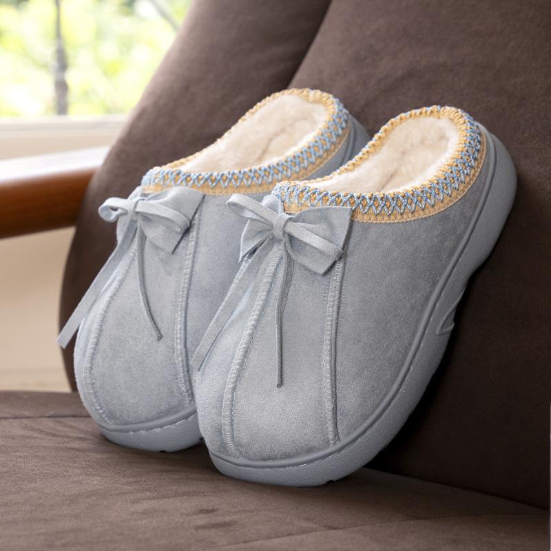 New ethnic style bow slippers autumn and winter indoor home velvet warm anti-skid cotton slippers