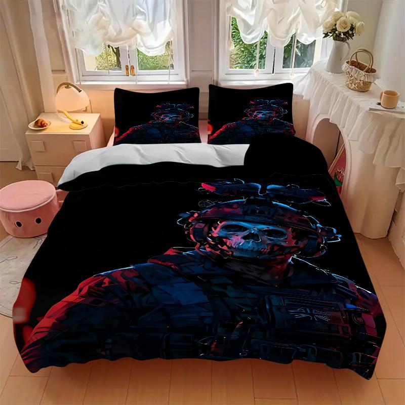 3pcs Skull Camouflage Military Uniform Print Home Bedding Set-Universal Three-Piece Suit for Bedroom, Guest Room, Living Room, Hotel-Perfect