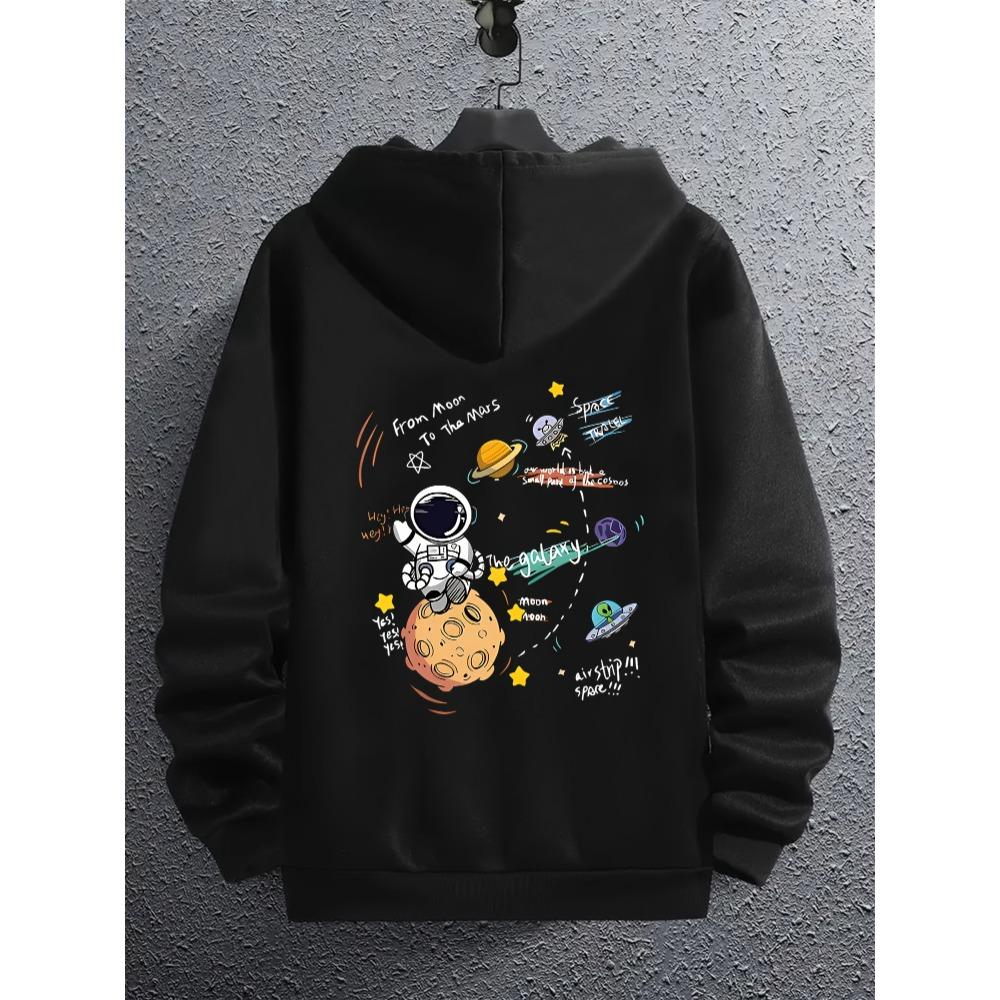 Men's Zipper Jacket with Cute Astronaut Print, Casual Hooded Top, Suitable for All Seasons, Perfect for Holiday Gatherings and Birthday Parties