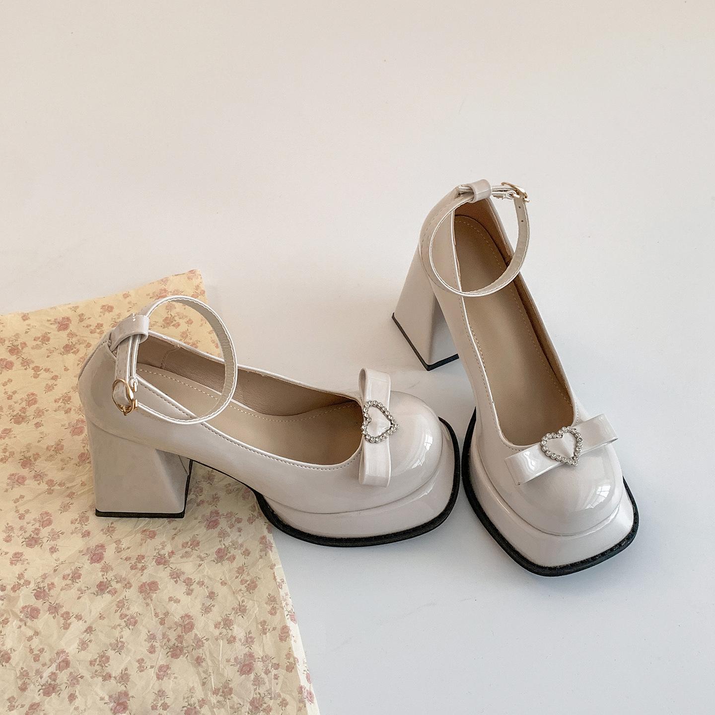 

Black high-end British style thick high-heeled small leather shoes women s 2025 new autumn height-increasing skirt Mary Jane shoes 39 бежевый