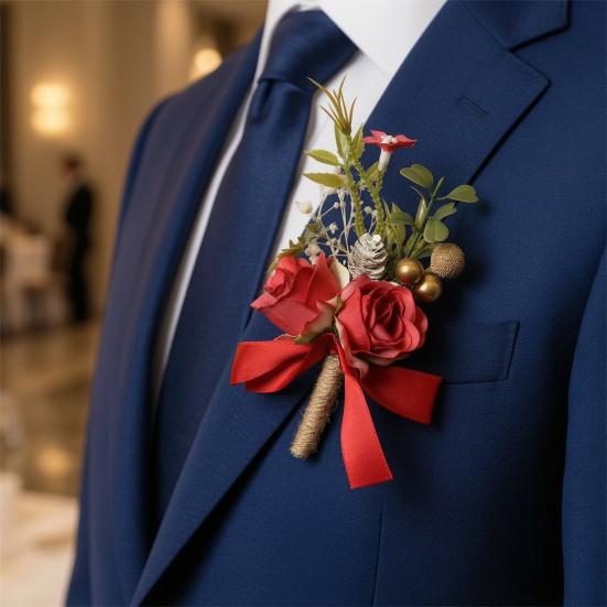Lapela de Terno Masculino Flor Artificial Pulseira de Pulso Reutilizável Pulseira Floral Alta Simulação Versátil Celebração de Negócios Lapela